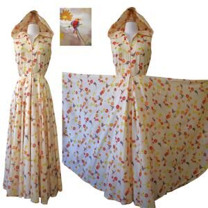 Vintage 60s Novelty Bird Print Flower Power Hooded Palazzo 308in Sweep Jumpsuit